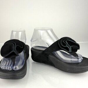Fitflop Fleur Black Suede Rosette Thong Microwobbleboard Wedge Sz 6